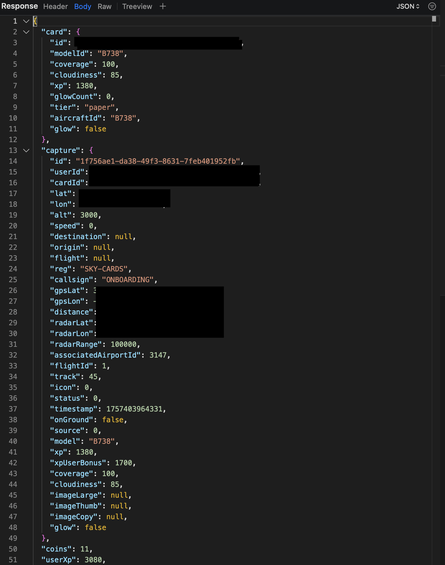 Successful response from the SkyCards API